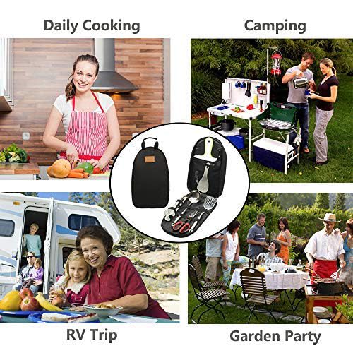 Camp Kitchen Utensil Organizer Travel Set Portable BBQ Camping Cookware Stainless Steel Utensils Travel Kit Outdoor Equipment Cutting Board Tongs Scissors Knife Ladle Spatula - color: Black