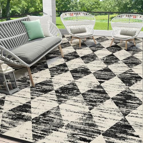 HEBE Checkered Outdoor Rug Waterproof 9x12, Reversible Plastic Straw Rug RV Camping Rug, Indoor Outdoor Patio Mat Clearance, Outside Carpet for Porch, Deck, Camper, Balcony, Backyard, Picnic - color: Beige/Black, size: 9' x 12' (Rectangular)