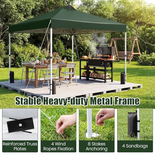 Tangkula 10 x10 Ft Pop Up Canopy with Center Lock, UPF 50+ One-Button Setup Outdoor Canopy Tent with Roller Bag, 4 Sand Bags, Heavy-Duty Steel Frame, 8 Stakes, 4 Ropes for Camping, Picnic (Green) - color: Green