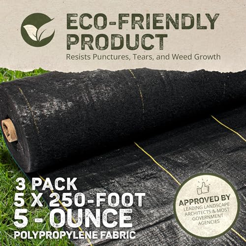Dewitt 3-Pack Pro-5 Weed Barrier Fabric 5 oz, 5 x 250 Feet – Heavy-Duty Woven Landscape Ground Cover Mat for Raised Garden Bed, Greenhouse Gardening, Outdoor Landscaping, and Commercial Planting - size: 3 Pack, style: 5' x 250'