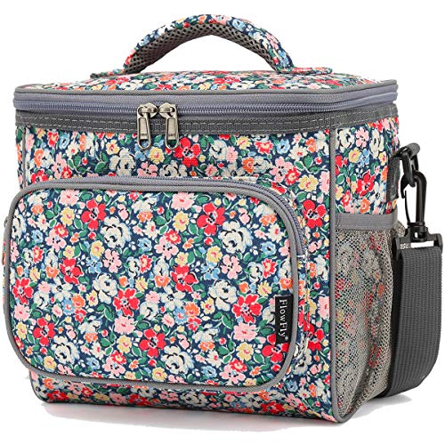FlowFly Insulated Reusable Lunch Bag Adult Large Lunch Box for Women and Men with Adjustable Shoulder Strap,Front Zipper Pocket and Dual Large Mesh Side Pockets,Floral - color: Floral