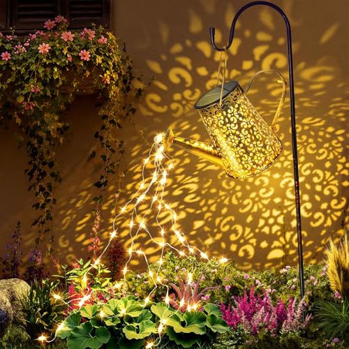 Anordsem Solar Watering Can Lights: Metal Cloud Lantern Outdoor with Hook - Waterproof Garden Art Hanging Decoration for Yard Patio Lawn - Christmas Birthday Gifts for Women Mom Grandma - color: Classic-pattern