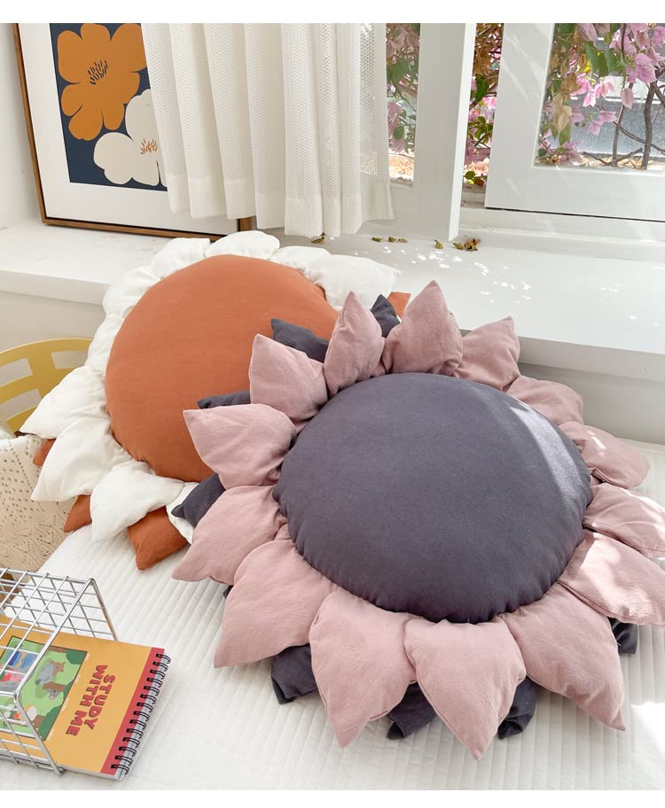 27.5" 3D handmade stitching sunflower shaped pillow flat round flower floor pillow pure cotton patio furniture cushion bedroom sofa bed decoration (White Orange) - color: White Orange