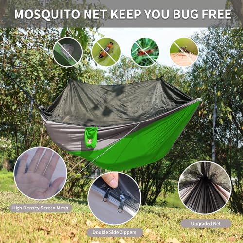 Camping Hammock with Net,Travel Portable Lightweight Hammocks with Tree Straps and Solid D-Shape Carabiners,Parachute Nylon Hammock for Outsides Backpacking Beach Backyard Patio Hiking - color: Green & Grey, size: Large