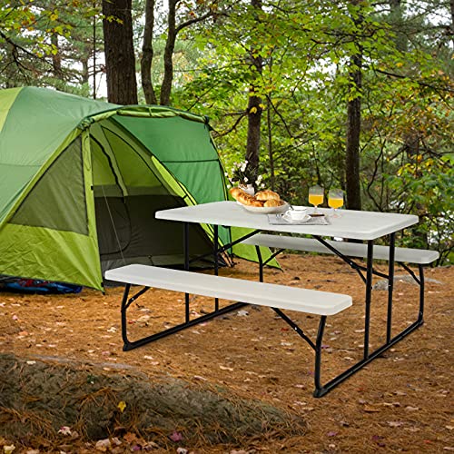 Giantex Folding Picnic Table Bench Set, Outdoor Dining Table Set, Large Camping Table for Patio Deck Lawn Garden Backyard Poolside, Portable Picnic Tables, Weather Resistant Metal Frame, White - color: White