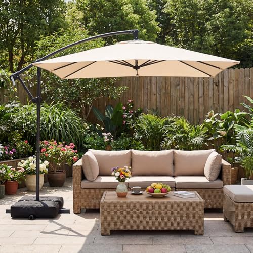 Tangkula 8x8 FT Patio Umbrella with Base Included, Square Offset Cantilever Outdoor Umbrella with 360 Degree Rotation, Crank Handle, Sandbags, 8 Ribs for Pool Deck Garden Backyard - color: Beige, size: 8 FT