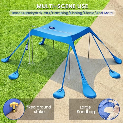 besuhot Beach Tent Sun Shelter 10x10FT Beach Shade Canopy with 8 Sandbags, UPF 50+ Protection Beach Shade Canopy, Outdoor Tent for Beach Camping Trips, Fishing, Backyard（Light Blue） - color: Light blue