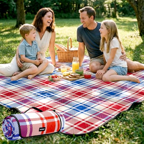 Doonly Picnic Blanket, 78" x 78" Large Waterproof Sandproof Beach Blanket, Foldable Outdoor Blanket Picnic Mat for Beach, Camping, Park, Grass, Lawn, Travel (Blue/Red/White) - color: Blue/Red/White