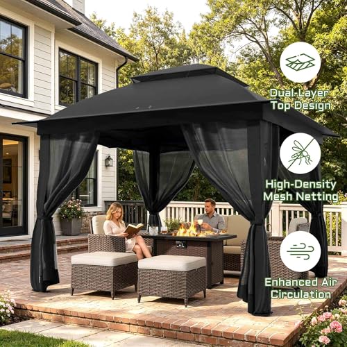 11'X11' Gazebo Pop Up with 4 Sidewalls Mosquito Netting, Heavy Duty Patio Gazebo Canopy Tent with Double Air Roofs for Backyards, Patios, Decks, Gardens, Parks - color: Black Top