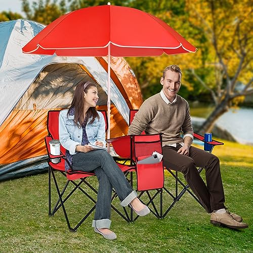 Double Camping Chair, 2-Person Portable Beach Chair w/Removable Umbrella, Cup Holders & Carrying Bag, Folding Loveseat Chairs for Adults Outdoor Picnic (Red) - color: Red