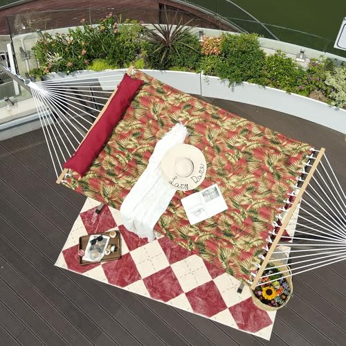 Lazy Daze Hammocks 12FT Quilted Fabric Hammock with Soft Pillow, Double 2 Person Tree Hammock with Spreader Bar for Outside Patio Poolside Backyard Beach, 450 lbs Capacity, Red Leaf - color: Floral Red