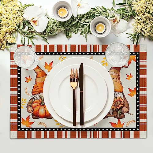 Fall Thanksgiving Placemats Set of 4，12x18 Inch Autumn Maple Leaves Gnomes Place Mats Farmhouse Table Mat for Seasonal Holiday Party Kitchen Dining Room Table Decor - color: Fall Gnomes
