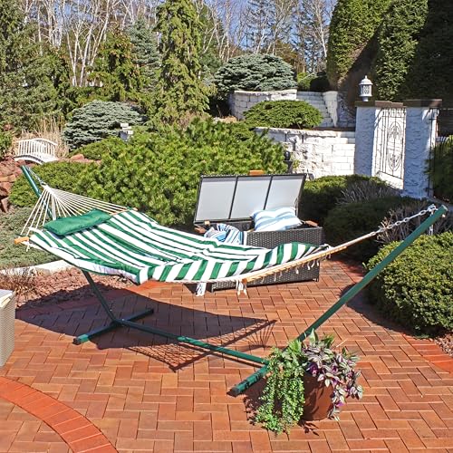 Sunnydaze Rope Hammock with Stand for Outside - Heavy Duty Freestanding Portable Outdoor Hammock Set with Quilted Pad, Pillow, and 12-Foot Steel Frame - 275 lb Capacity - Green & White Stripe - color: Green and White Stripe