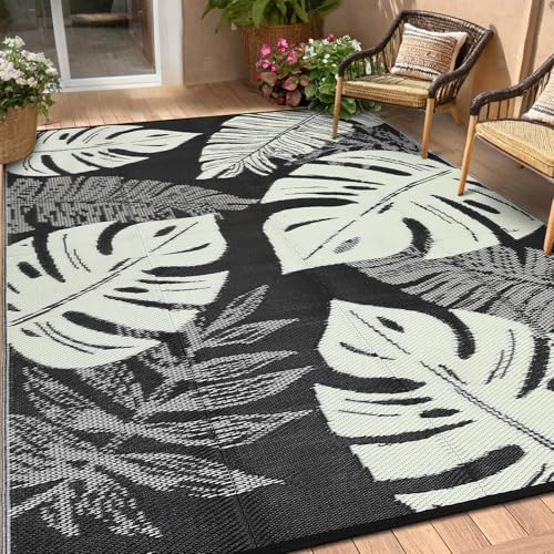 GarveeLife Outdoor Plastic Straw Rug 8x10 Outdoor Patio Rug Waterproof Reversible UV Resistant Camping Mat, Foldable Lightweight RV Picnic Mat with Portable Bag, Modern Carpet for Yard Porch Deck - color: Leaf|black&beige, size: 8' x 10' (Rectangular)