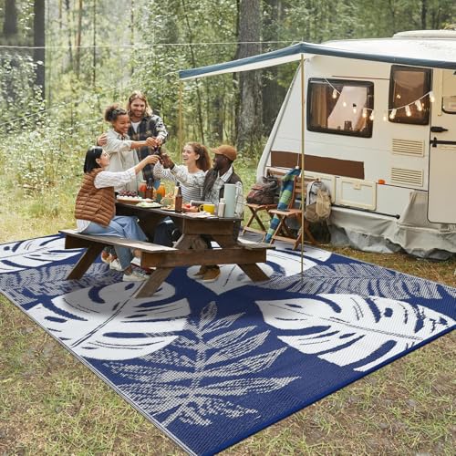 Waterproof Outdoor Rug 10x14 ft, Plastic Straw Patio Area Rug, Reversible Tropical Leaf Porch Mat, Picnic Camping Portable Carpet Rug, for RV Camper, Deck, Balcony, Porch, Beach, Navy/White - color: Navy & White, size: 14' x 10' (Rectangular)