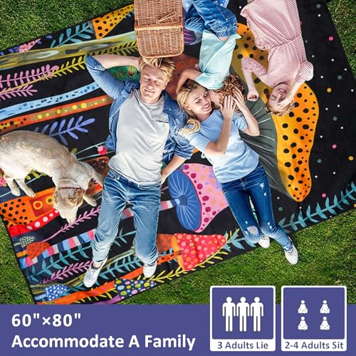 Mushroom Picnic Blankets Waterproof Foldable Picnic Outdoor Blanket 80"x 60" Picnic Mat 3-Layer Thicking Outdoor Foldable Blankets Sandproof Lightweight Beach Blankets with Strap Machine Washable - color: Mushroom04, size: 60*80in