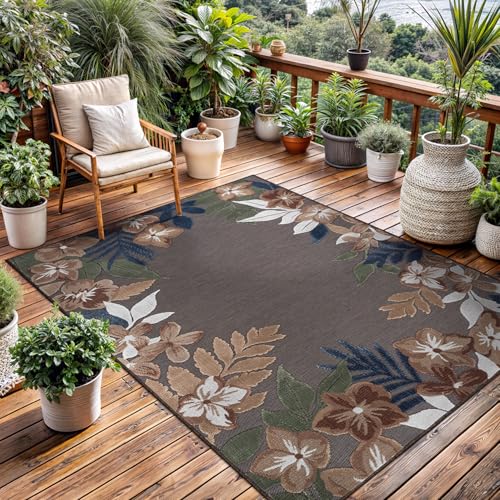 Outdoor Rug 5x7 Washable Area Rugs Indoor Outdoor Carpets Brown Border Floral Non Shedding Waterproof Easy Clean Patio Deck Porch Living Room Bedroom Garden RV (5 X 7 Brown) - color: 1-brown, size: 5' x 7' (Rectangular)