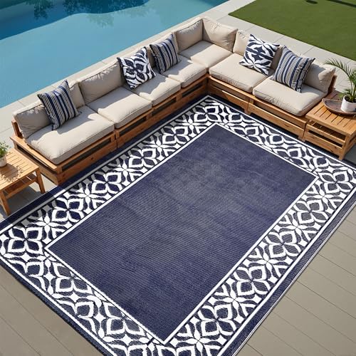 PureCozy Outdoor Plastic Straw Rug Navy Blue Large Outside Waterproof Outdoor Patio 5x8 Carpet Geometric Reversible Mat Modern for Camping RV Porch Deck Balcony Beach - color: Geo | Navy Blue, size: 5' x 8' (Rectangular)