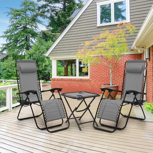 Athena Collection Zero Gravity Outdoor Lounge Chair Set of 2 with Side Table, 25" Width Pool Lounge Lawn Chairs Reclining with Cup Holder, Outdoor Chaise for Beach Patio Backyard Outside, Grey - color: Grey, style: 25" Width