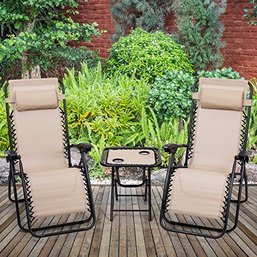 Giantex 3 PCS Zero Gravity Chair Patio Chaise Lounge Chairs Outdoor Yard Pool Recliner Folding Lounge Table Chair Set Backyard Lounge Chairs (Beige) - color: Beige