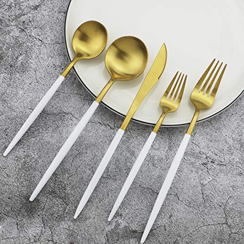 White Handle Matte Gold Silverware Set,Gugrida 5-Piece 18/10 Stainless Steel Satin Finish Flatware Set,Kitchen Utensil Set,Tableware Travel Cutlery Set for Camping Office Lunch, Dishwasher Safe - color: White Handle Gold, size: Service for 1