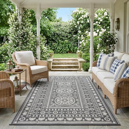 Garvee Reversible Outdoor Rug 5x8 for Patio, Waterproof Outdoor Area Rug, Boho Medallion Indoor Outdoor Carpet for Porch, Plastic Straw Rug for RV, Camping, Deck, Vintage Grey - color: Grey & White, size: 5' x 8' (Rectangular)