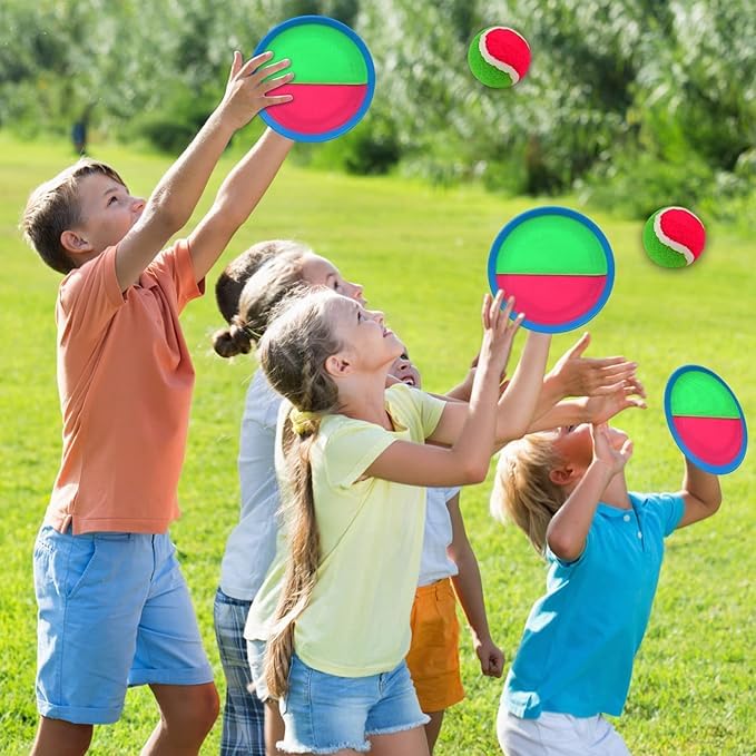 Toss and Catch Game Set - 4 Paddles, 4 Balls and 1 Storage Bag - Great Outdoor Toys/Gifts for Kids - Classic Beach and Yard Games (Green and Red) - color: Green and Red