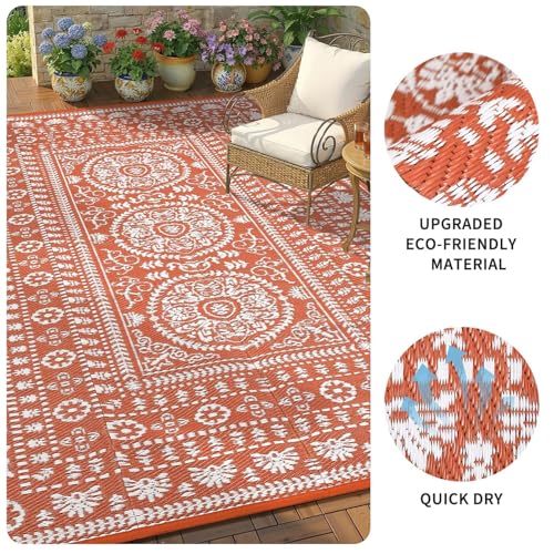 Garvee Reversible Outdoor Rug 5x8 for Patio, Waterproof Outdoor Area Rug, Boho Medallion Indoor Outdoor Carpet for Porch, Plastic Straw Rug for RV, Camping, Deck, Vintage Terracotta - color: Terracotta & White, size: 5' x 8' (Rectangular)