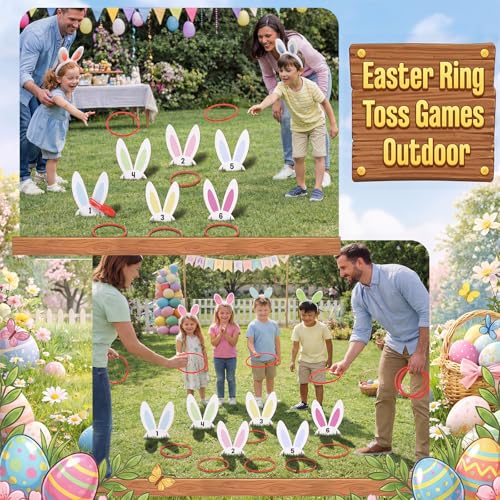Sanwuta 38 Pcs Easter Ring Toss Games for Kids Easter Party Game 6 Bunny Ear Wooden Number Targets and 20 Toss Rings for Indoor Outdoor Family Spring Carnival Party Favor Yard Activities Decoration