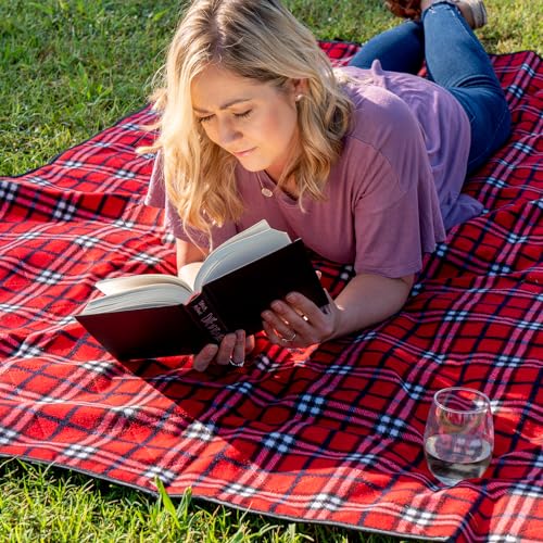 BRAWNTIDE Large Outdoor Waterproof Blanket - Extra Thick Fleece, Warm, Windproof, Sandproof, Quilted, 82" x 55", Ideal for Beaches, Picnics, Camping, Stadiums, Dogs, Car - color: Plaid Red