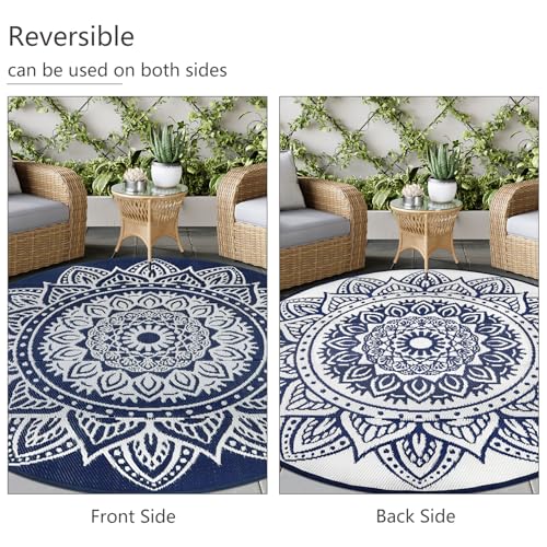 famibay 5 Ft Round Outdoor Rug, Boho Round Patio Rug Waterproof, Outdoor Plastic Straw Rug Camping Rug RV Rugs for Outside Lightweight Portable Reversible Outdoor Carpet for Patio Backyard Porch - color: Dark Blue, size: Round 5ft