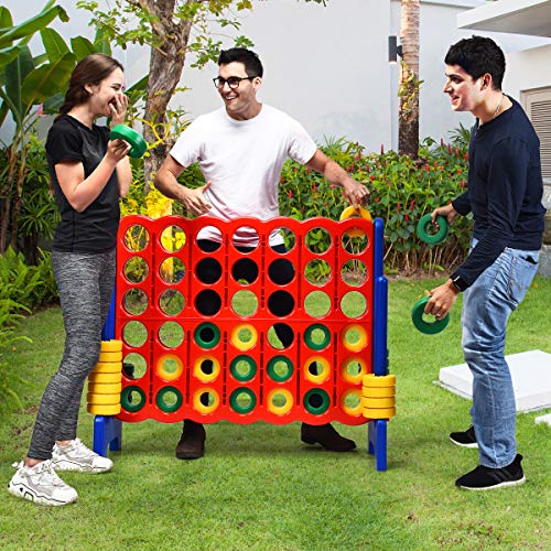 Costzon Giant 4-in-A-Row, Jumbo 4-to-Score Giant Game Set for Kids & Adults, Indoor Outdoor Yard Connect Game, 3.5FT Tall with 42 Jumbo Rings & Quick-Release Slider, Perfect for Family & Party Games - color: Red/Blue