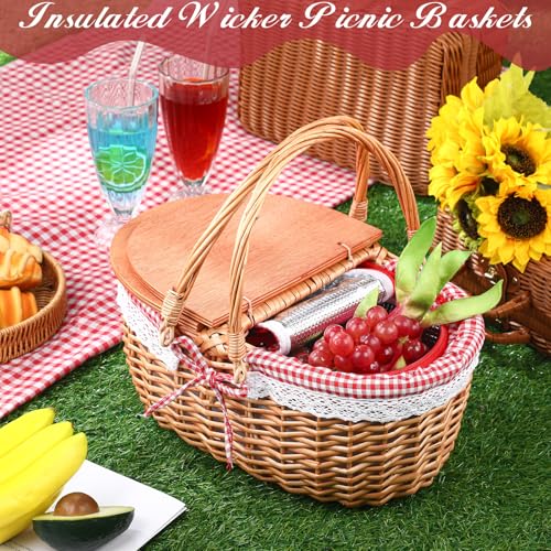 DoubleFill Wicker Insulated Picnic Basket with Lid Wicker Picnic Basket with Folding Handles and Insulated Cooler Bag for Camping Outdoor Easter Valentine Birthday Gift(Red Plaid) - color: Red Plaid