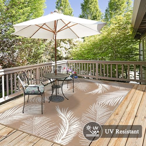 Pauwer Waterproof Outdoor Rug 6x9, Reversible Plastic Straw Patio Camping Rug, Indoor Outdoor RV Mat Carpet for Deck, Camper, Porch, Balcony, Backyard, Picnic, Leaf Brown - color: Leaf Brown, size: 6' x 9' (Rectangular)