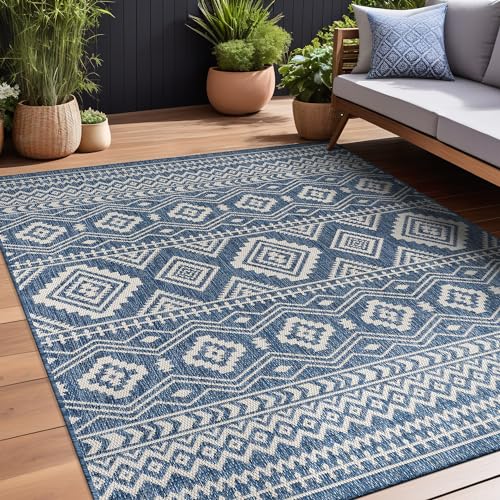 Beverly Rug Waikiki Boho Indoor Outdoor Rug 8x10, Washable Outside Carpet for Patio, Deck, Porch, Bohemian Area Rug, Farmhouse Rugs, Aztec Tribal Rug, Azure and White - color: Boho - Azure / White, size: 8' x 10' (Rectangular)
