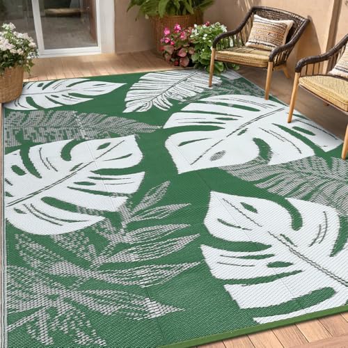 Outdoor Rug Washable 8x10 ft, Reversible Plastic Straw Mat, Patio Rug with 4 Stakes, Outside Quick Dry Carpet, for RV, Camper, Deck, Balcony, Porch, Beach, Picnic - Green and White - color: Green & White, size: 10' x 8' (Rectangular)