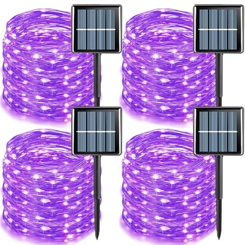 YEGUO 4 Pack Purple Solar Fairy Lights, Each 33ft 100 LED Christmas Lights Outdoor Waterproof, 8 Modes Sliver Wire Solar String Lights - color: Purple