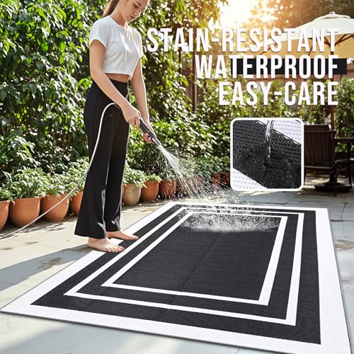 OLANLY Outdoor Rug 5x8 ft Waterproof, Reversible Outdoor Plastic Straw Rug, RV Mat, Indoor Outdoor Carpet Clearance for Patio, Camping, Balcony, Deck, Backyard, Black & White - color: Black & White, size: 5' X 8' (Rectangular)