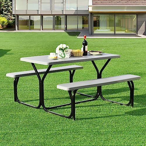 Moccha Picnic Table Bench Set - Portable Plastic Picnic Table w/Steel Frame & Wood-Like Texture, All Weather Heavy Duty Picnic Table Kit, Picnic Tables for Outdoors Garden Patio Party Dining (Grey) - color: Grey
