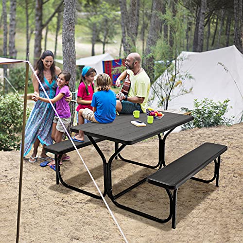 Moccha Picnic Table Bench Set - Portable Plastic Picnic Table w/Steel Frame & Wood-Like Texture, All Weather Heavy Duty Picnic Table Kit, Picnic Tables for Outdoors Garden Patio Party Dining (Black) - color: Black
