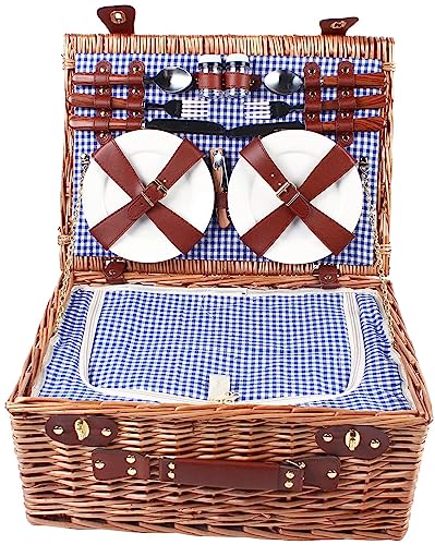 4-Person Picnic Basket Set, Blue&White Outdoor Wicker Picnic Basket with Tableware for Home/Camping