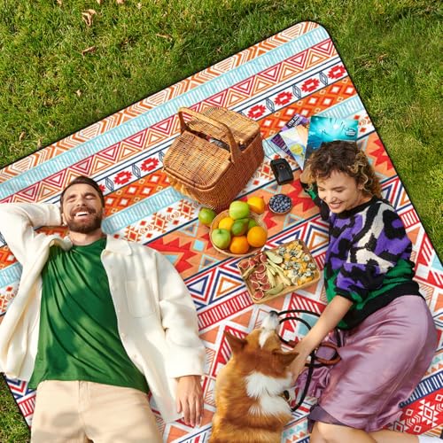 Waterproof Picnic Outdoor Blanket, 79" x 59" Sandproof Foldable Large Picnic Blanket for Beach, Camping, Park, Travel, Concert, Great Gift for Families and Couples (Bohemian Orange) - color: Bohemian Orange