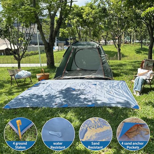 Beach Blanket Waterproof Sandproof Beach Mat 110" X 118" / 9' X 10' for 1-8 Adults Quick Drying Outdoor Picnic Mat Beach Accessories for Travel, Camping, Hiking - color: Gray/Blue, size: 118"*110" / 9.19ft×9.84ft