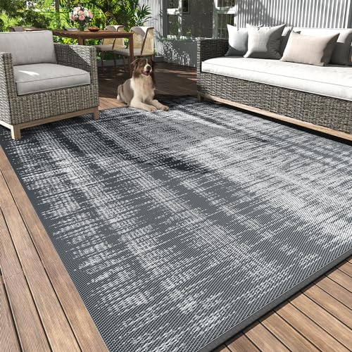 MontVoo Outdoor Rug Waterproof 6x9 ft Outdoor Carpet Patio Rug Mat Reversible RV Camping Rug Plastic Straw Outside Rug for Balcony Porch Deck Picnic Beach Modern Grey - color: Grey, size: 6' X 9' (Rectangular)