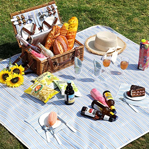 Picnic Basket for 4 Persons with Waterproof Picnic Blanket and Insulated Cooler, Large Wicker Picnic Basket for Camping, Outdoors, Valentine's Day, Christmas, Birthday, Wedding Gift - color: Green Stripes