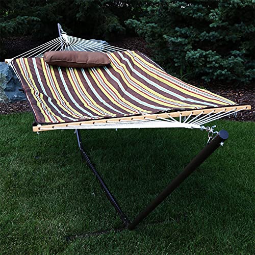 Sunnydaze Rope Hammock with Stand for Outside - Heavy Duty Freestanding Portable Outdoor Hammock Set with Quilted Pad, Pillow, and 12-Foot Steel Frame - 275 lb Capacity - Desert Stripe - color: Desert Stripe