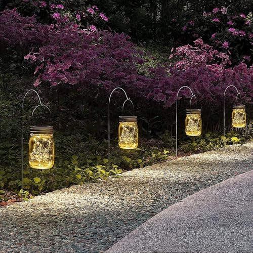 GIGALUMI Hanging Mason Jar Solar Lights, 6 Pack 30 Led Hanging Solar Lanterns Outdoor Waterproof, Hangers and Jars Included, Outdoor Decor for Balcony, Garden, Patio, Yard, Wedding - size: 6 Pack