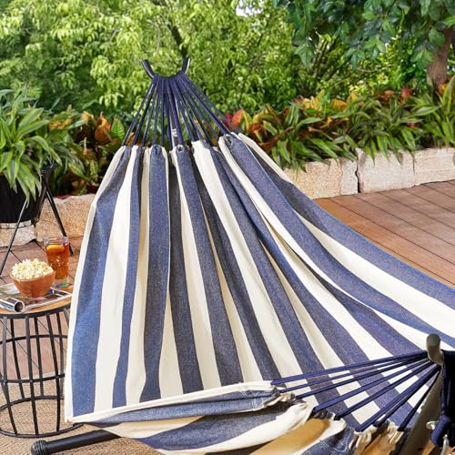 ANYOO Cotton Hammock Portable Camping Hammocks for Hanging Sturdy Garden Comfortable Fabric Hammock with Tree Straps Up to 660lbs with Travel Bag for Camping Outdoor/Indoor Patio Backyard - color: Blue/White