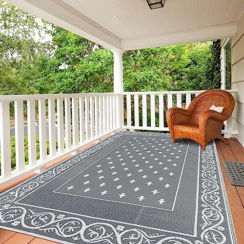 Pauwer Waterproof Outdoor Rug 6x9, Reversible Plastic Straw Patio Camping Rug, Indoor Outdoor RV Mat Carpet for Deck, Camper, Porch, Balcony, Backyard, Picnic, Bordered Grey - color: Bordered Grey, size: 6' x 9' (Rectangular)