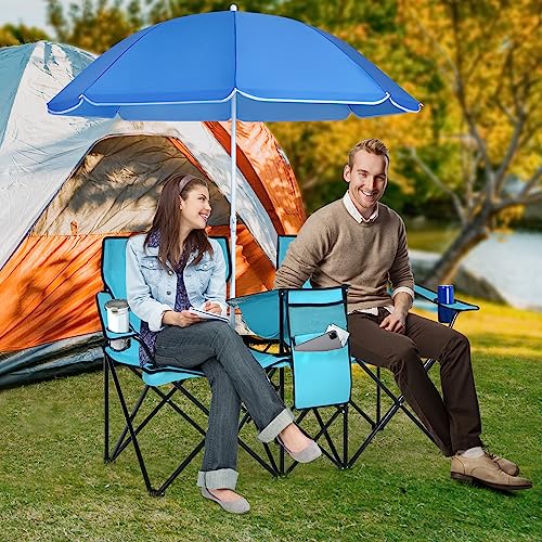 Double Camping Chair, 2-Person Portable Beach Chair w/Removable Umbrella, Cup Holders & Carrying Bag, Folding Loveseat Chairs for Adults Outdoor Picnic (Turquoise) - color: Turquoise